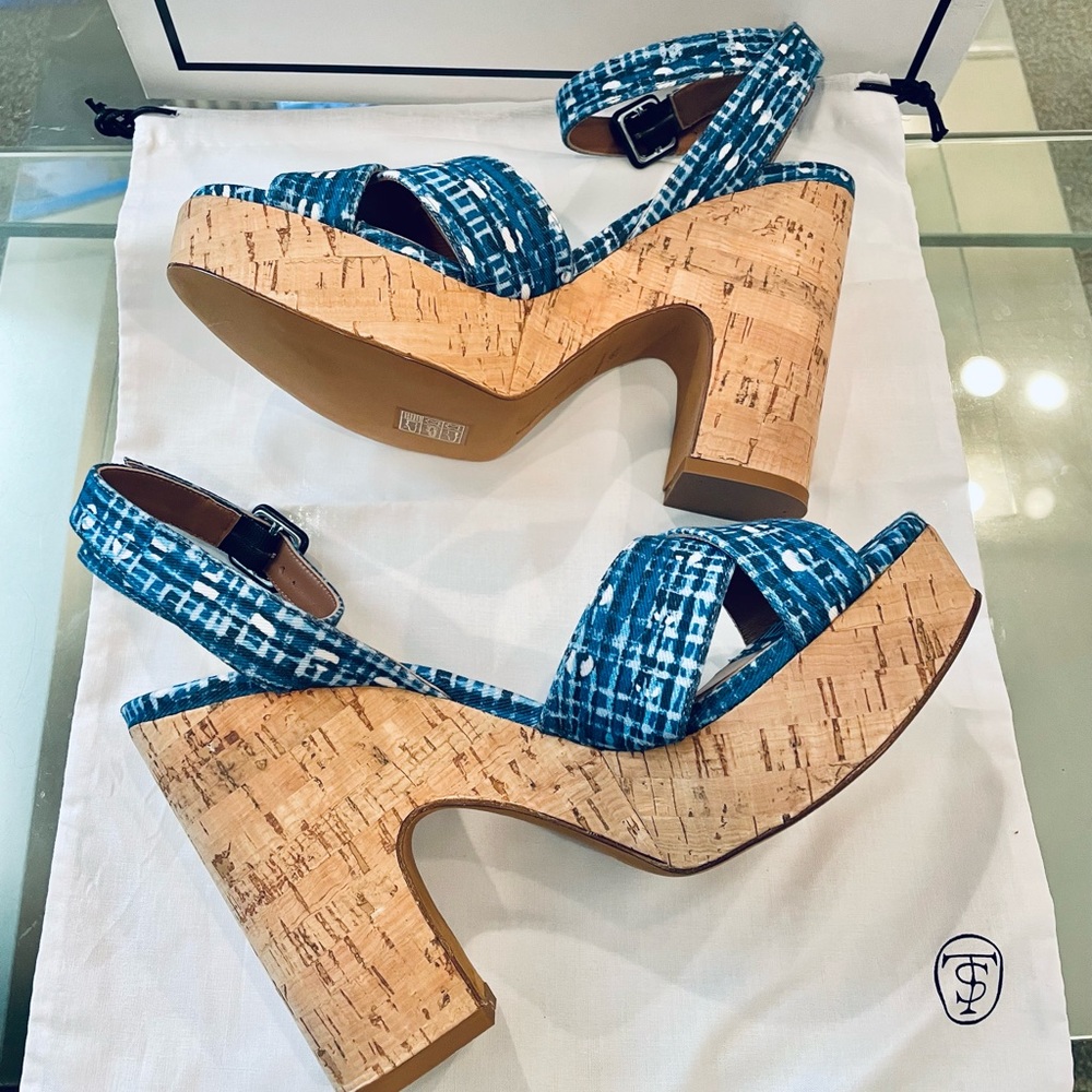 TABITHA SIMMONS gingham Elena blue NWT check cork platform volley 37 and 38.5